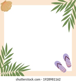 Square frame with palm leaves. Vacation and beach party concept. Background vector illustration.