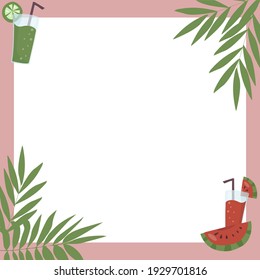 Square frame with palm leaves. Vacation and beach party concept. Background vector illustration.