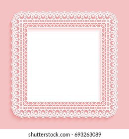 Square frame with paper lace. Lacy pink with white background. Vector illustration.