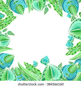 Square frame with patterned doodle green leaves with space for text. Vector element for invitations, brochures and your design