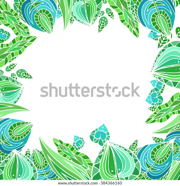Square frame with patterned doodle green leaves\
with space for text. Vector element for invitations, brochures and\
your design