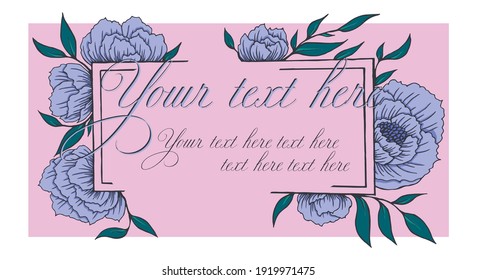 Square frame with peony flowers in pink tones. Vector illustration