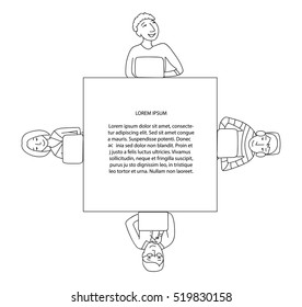 Square frame with people working at laptop, cartoon vector, thin line style