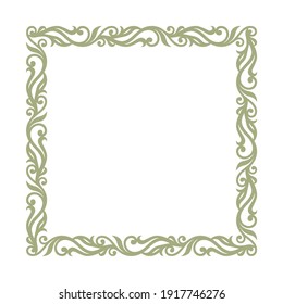 Square frame for photo, painting, text. Elegant floral ornament of leaves and curls. Square blank template for certificate, wedding invitation, birthday. Classic vintage pattern.  Vector illustration.