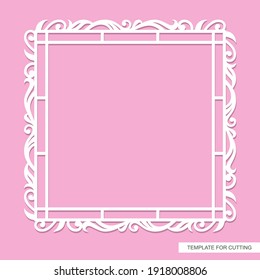 Square frame for photo, painting, text. Elegant floral ornament of leaves and curls. Template for laser plotter cutting of paper, cardboard, wood carving, metal engraving, cnc. Vector illustration.