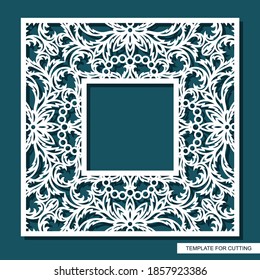 Square frame for photos, pictures, mirrors. Openwork lace pattern, oriental floral ornament of leaves, curls. Template for plotter laser cutting (cnc) of paper, cardboard, plywood, wood carving, metal