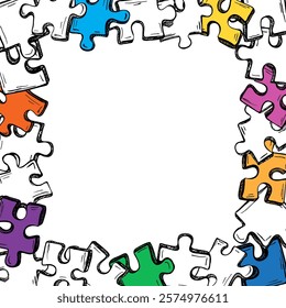 Square frame with Pieces of puzzle. Trendy jigsaw puzzles piece bacground. Vector illustration