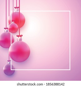 Marco cuadrado con bolas de árbol de navidad rosa colgando de cintas rojas. Espacio para texto. Ilustración vectorial de vacaciones.