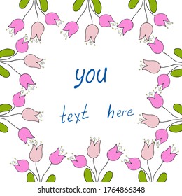 Square frame with pink doodle tulips as a gift on holiday. Vector hand draw  Illustration EPS10