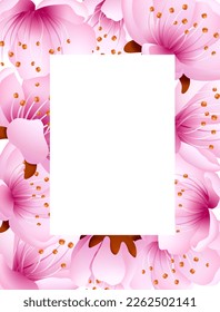 Square frame with pink flower petals. Sakura border