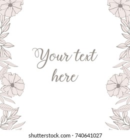 Square frame with  pink flowers and leaves, hand drawn illustration