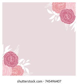 Square frame with pink flowers and white leaves, hand drawn illustration. Pink square frame. Pink flowers background.