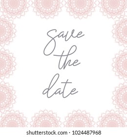 Square frame with pink laces,  "Save the date" lettering, laces frame. Hand drawn illustration.