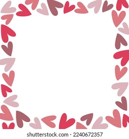 Marco cuadrado con corazones rosados y morados sobre fondo blanco. Estilo de doodle dibujado a mano. Ilustración vectorial aislada