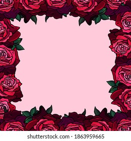 Square frame of pink roses and pink background, cartoon style, blooming, roses, leaves, border, text area, text space, advertising, postcard, card, invite, invitation, poster, banner, congratulation