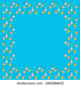 Marco cuadrado con lugar para el texto de piñas enteras multicolores abstractas y sus rodajas en estilo doodle sobre un fondo azul brillante. Decoración contemporánea de banners, volantes y diseños de verano. Vector