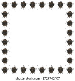 Square frame with place for text from black brown witchcraft cauldrons with magical potion boiling in them on a white background. Elegant mystical border. Ancient utensil template. Vector.