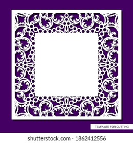Square frame with place for text. Card, wedding invitation blank, certificate. Openwork lace pattern, floral ornament. Template for plotter laser cutting of paper, cardboard, plywood, wood carving.