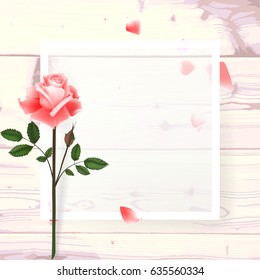A square frame, a place for text with flowers of a pink rose, a petal on a wooden background. Can be used as a wedding invitation, birthday greeting card, engagement, thank you card. 