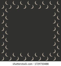 Square frame with place for text from hand-drawn golden white crescent moons with zentangle ornament on a black background. Half moons. Copy space. Mystic graphic design for invitation, card. Vector.