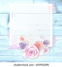 A square frame, a place for text with paper flowers, a petal on a wooden background. Can be used as a wedding invitation, birthday greeting card, engagement, thank you card. Vector illustration EPS10 