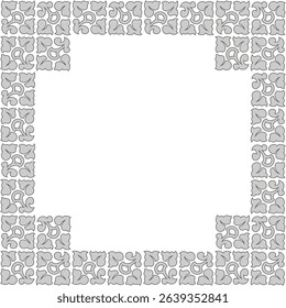 Square frame of plant elements. Gray ornate leaves on white background. Monochrome leaves vector illustration. Antique style seamless pattern. Vintage floral design element