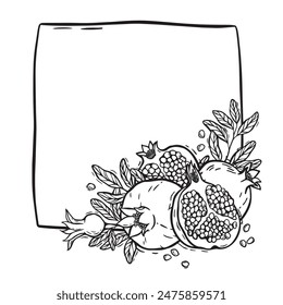 Quadratischer Rahmen mit Granatapfel und Blättern. Vektorgrafik botanischer Schwarz-Weiß-Konturmusterrahmen, handgezeichnet im Grafikstil. Zeichnung für Lebensmittel und Kosmetik Verpackungsdesign, Menü, Karte, Papier