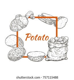 Square frame with potatoes in retro vintage hand drawn, sketches, engraved style. Design elements for banner, cover, label, package, promote. Isolated on white background. Modern vector illustration.