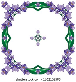 Square frame with pretty flowers crocus. Festive floral square for your season design. Violet flowers.Vector Illustration.