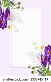 Square frame with purple crocus flowers, fern and herbs bouquet. Hand drawn illustration on white background.