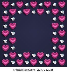 Marco cuadrado con corazones morados y diamantes brillantes. Diseño de paquetes para el Día de San Valentín, Día de la Mujer, Aniversario, Cumpleaños. En un fondo oscuro. Vector.