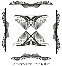 Square frame with rays and elements. Vector radial design. Black on white background. Symmetrical style.