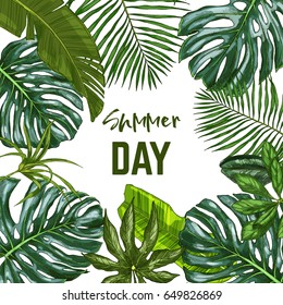 Square frame with realistic tropical leaves on white background