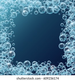 Square frame of realistic water bubbles. Deep sea with bubbles and sprays underwater. Template for aqua park, swimming pool, diving club design. Good for greeting card and party invitation.