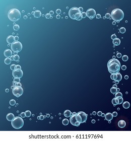 Square frame of realistic water bubbles with place for text. Shampoo or soup foam lines. Deep sea with bubbles and sprays underwater. Good for greeting card design, banner, flyer, party invitation.
