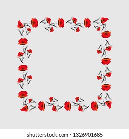 square frame of red poppies. Floral frame. Poppy wreath. Remembrance day.