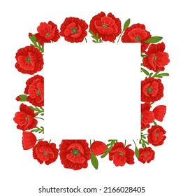 Square frame with red poppies isolated on white background. Floral wreath. Vector Illustration.