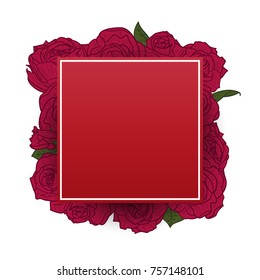 Square frame with red roses in retro vintage hand drawn, sketches, engraved style. Design elements for banner, cover, label, package, promote. Isolated on white background. Modern vector illustration.