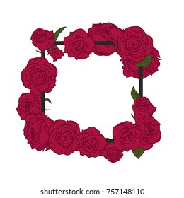 Square frame with red roses in retro vintage hand drawn, sketches, engraved style. Design elements for banner, cover, label, package, promote. Isolated on white background. Modern vector illustration.