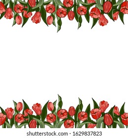 Square frame of red tulips. Vector illustration. Isolated on a white background. Hand drawn.