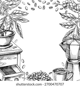 Uma moldura quadrada com um moedor de café retro, cafeteira, grãos de café e uma xícara. Ilustração vetorial realista para menus de café, interiores, etiquetas de preço e embalagem do produto.