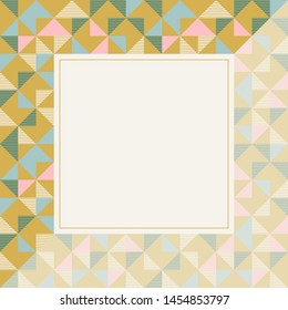 Square frame in retro colors. Abstract geometric background pattern, diamond geo shapes. Vector illustration. Mint, blush pink, mustard yellow, teal retro colors background for banner, party poster.