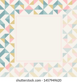 Square frame in retro colors. Abstract geometric background pattern, diamond geo shapes. Vector illustration. Mint, blush pink, mustard yellow, teal retro colors background for banner, party poster.