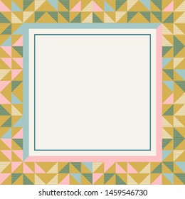 Square frame in retro colors. Abstract geometric background pattern, diamond geo shapes. Vector illustration. Mint, blush pink, mustard yellow, teal retro colors background for banner, party poster.