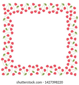 A square frame of ripe cherries with and without stalks and leaves on a white background. Vector.