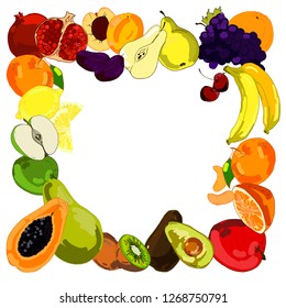 Square frame of ripe fruit on a white background. Hand drawing, dudling. Copy space. Vector graphics.