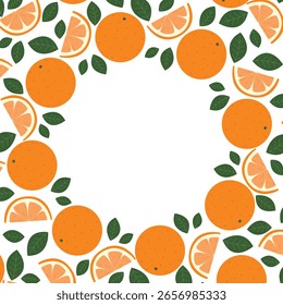 Square frame of ripe oranges and foliage. Exotic fruit citrus template. Orange border with copy space for postcard, vector element