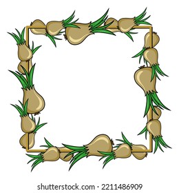 Marco cuadrado, verduras maduras, cebollas doradas, espacio de copia, ilustración vectorial en estilo de caricatura sobre fondo blanco