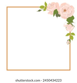 Square frame with roses. Wedding invitation with delicate pink flowers. Retro greeting card template for Mother's Day or March 8th in pastel colors. Flat cartoon style.