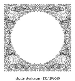 Square frame with a round empty place for an inscription or logo. Roses, daisies, leaves and simple flowers. Black and white pattern for coloring or design postcards.